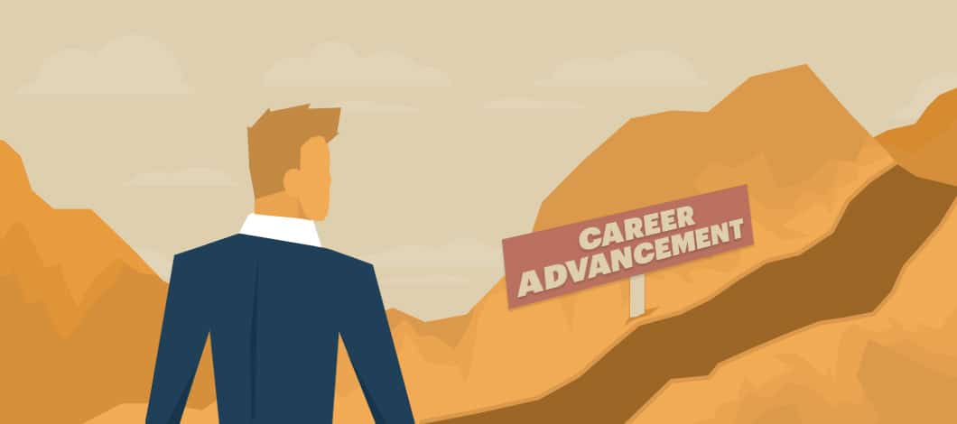 An employee stands at the start of a path that leads up. A sign reads, “Career Advancement.”