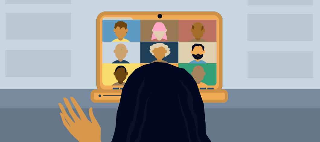 We see the back of an employee’s head. She is working remotely and is on a Zoom video conference with other employees.