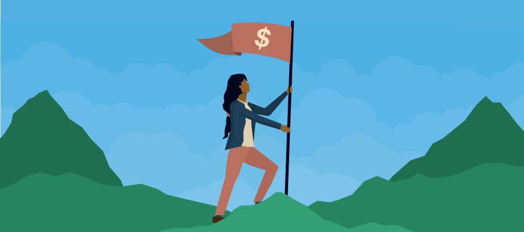 A woman plants a flag with a dollar sign at the summit of a mountain.