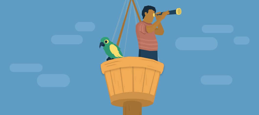 A person perched on a crow’s nest of a wooden ship looks ahead with a spyglass telescope.
