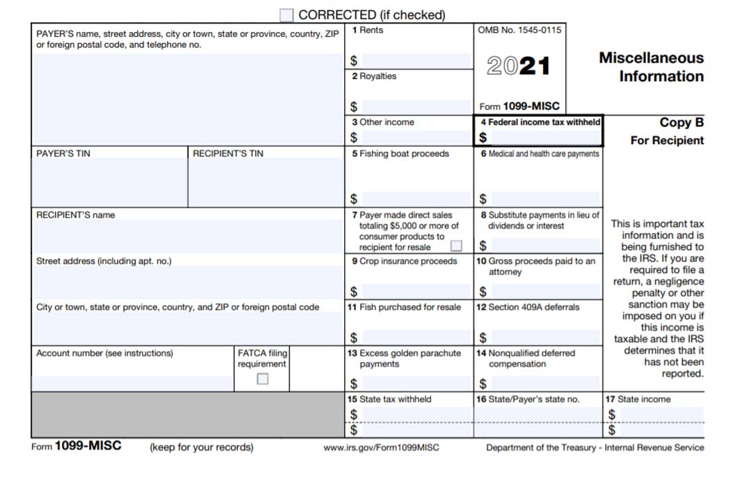 Image of an IRS 1099-Miscellaneous form for 2021