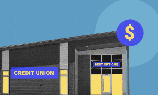 Blue background with building image with a sign that says “credit union” and another sign that says “best options” with a dollar sign