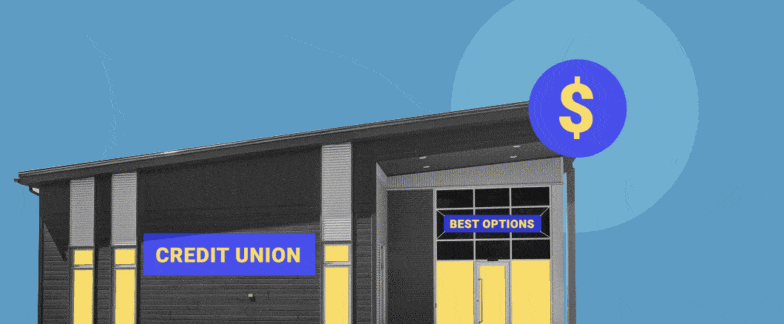 Blue background with building image with a sign that says “credit union” and another sign that says “best options” with a dollar sign