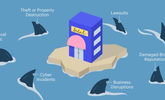 Business building on an island with sharks circling in the water around it, each labeled with a different risk