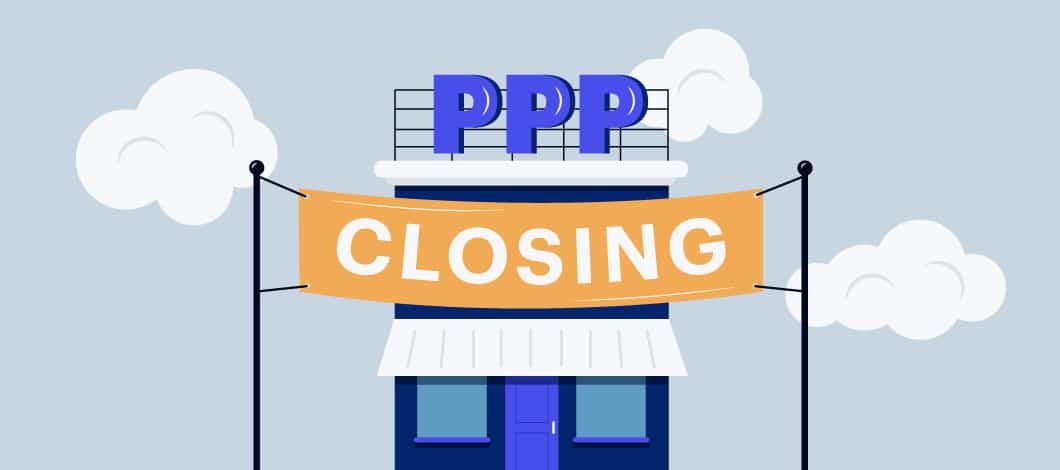 Blue storefront with a sign that says “PPP closing.” Clouds are in the background.