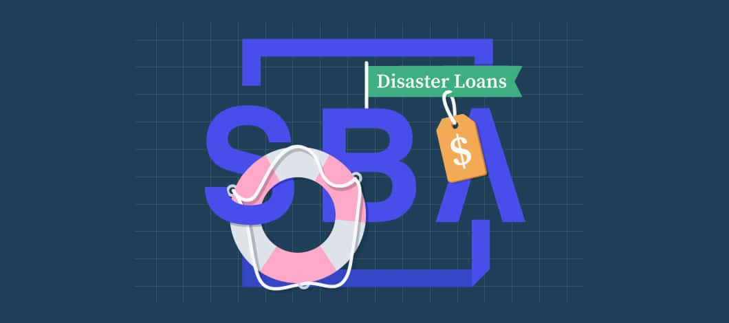 The acronym SBA with the word “Disaster Loans” and a price tag with a dollar sign on it and a life preserver ring