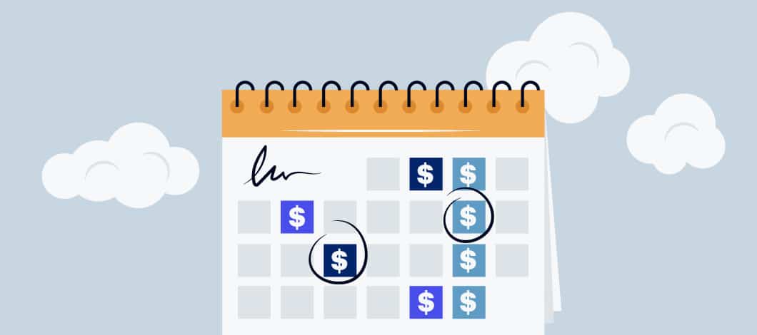 Graphic of an orange, white and blue calendar with dollar signs on certain dates, some are circled.