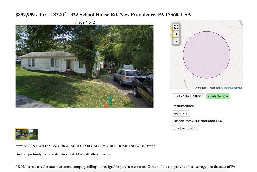 Craigslist ad advertising a land development opportunity to investors. A picture of a house along with pricing and home details are included.