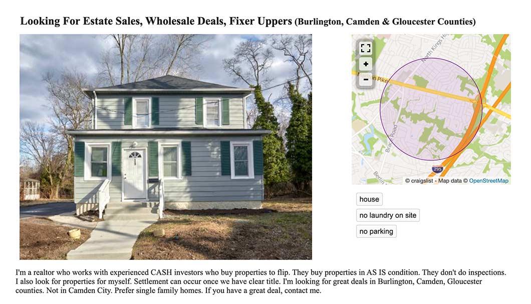 Craigslist ad of a realtor seeking responses from people with estate sales, fixer uppers and wholesale deals. A picture of a house is shown.