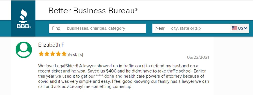 Individual 5-star rating and written review of LegalShield on the Better Business Bureau website
