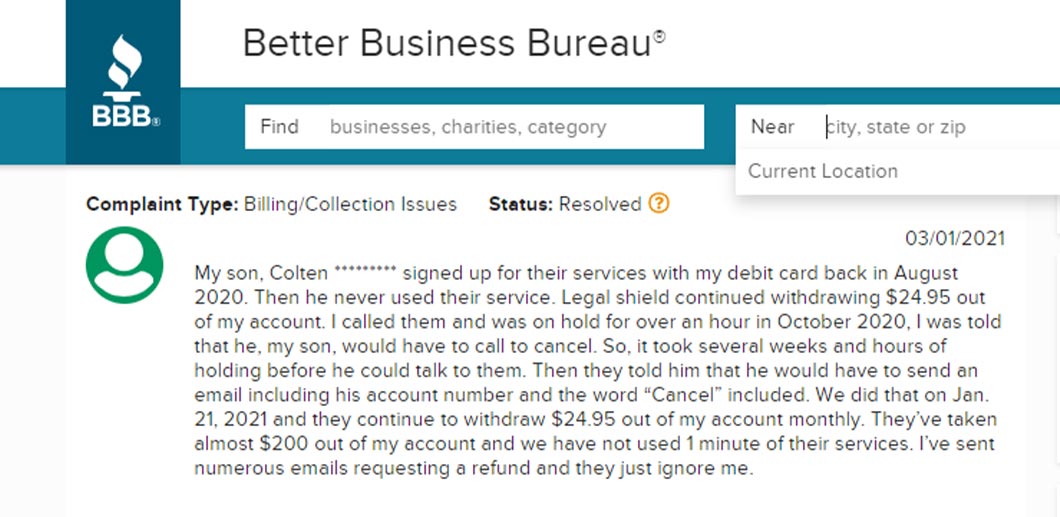 Written billing complaint of LegalShield submitted on the Better Business Bureau website