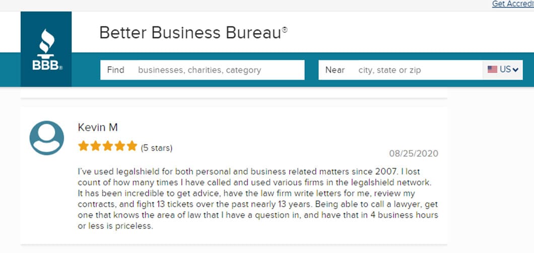 Individual 5-star rating and written review of LegalShield on the Better Business Bureau website