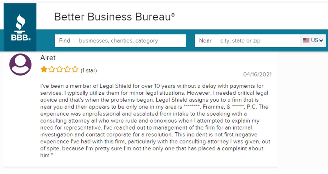 Written complaint of LegalShield submitted on the Better Business Bureau website, reviewer rated the company with 1 star