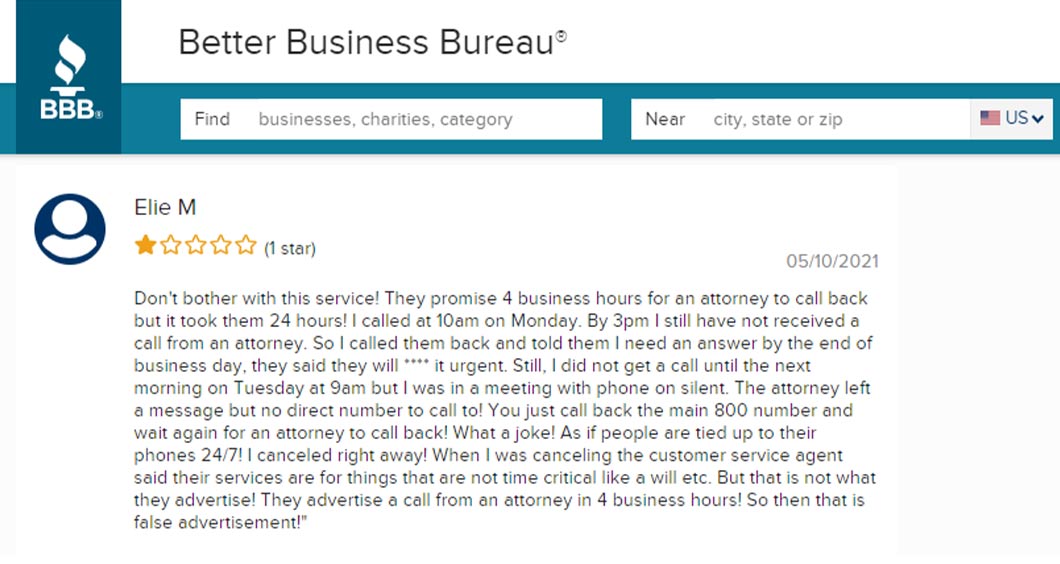 Written complaint of LegalShield submitted on the Better Business Bureau website, reviewer rated the company with 1 star