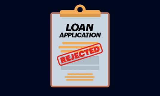 A form labeled “Loan Application” has been stamped with the word “Rejected” in red ink.