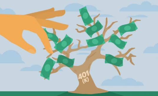 A giant hand reaches out to pick dollar bills that are leaves on a tree whose trunk reads “401(k).”
