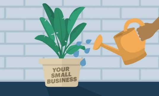 A hand holding a watering can waters a healthy young plant that sits in a pot labeled “Your Small Business.”