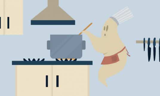 A ghost wearing a chef’s hat and an apron stirs a pot on an oven in a restaurant kitchen.
