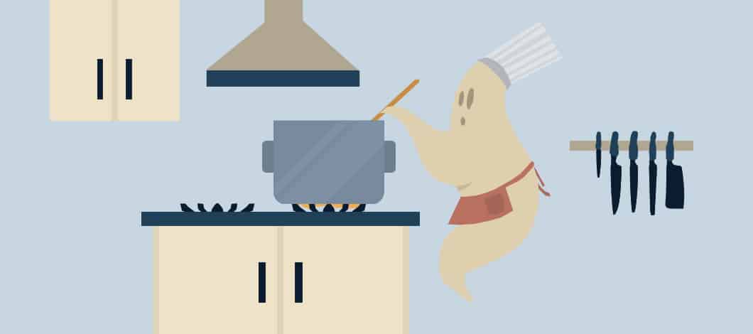 A ghost wearing a chef’s hat and an apron stirs a pot on an oven in a restaurant kitchen.