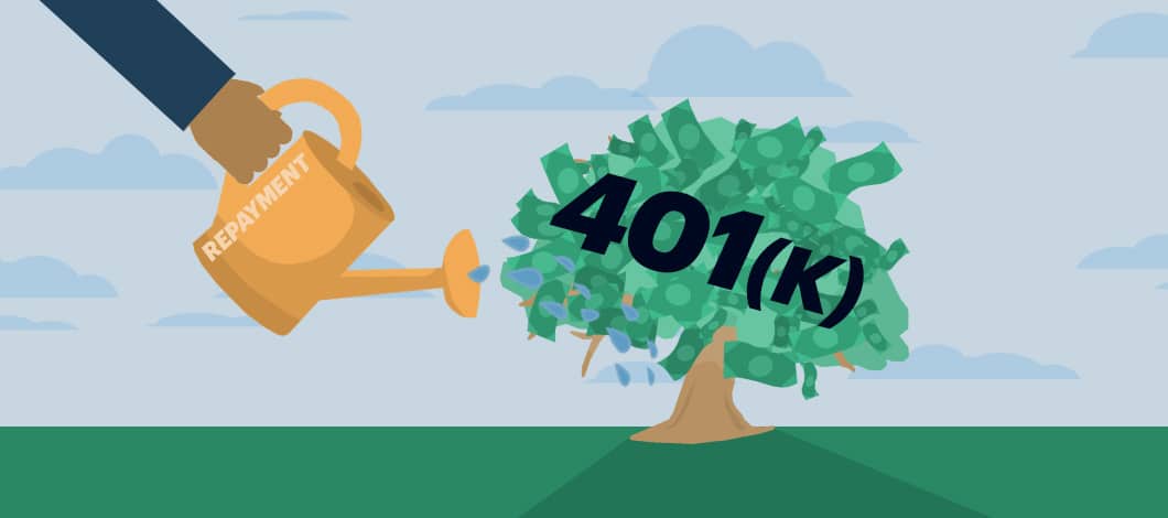 A hand holding a watering can that is labeled “Repayment” waters the “401(k)” money tree with dollar bills as leaves.