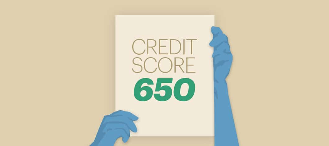 Two hands hold up a sign that reads “Credit Score 650.”