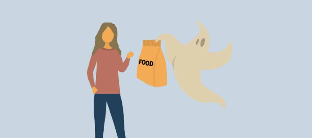 A ghost delivers a bag of food to a woman.