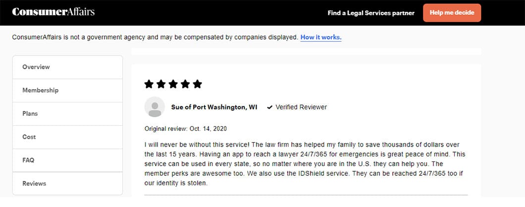 Individual 5-star rating and written review of LegalShield on Consumer Affairs