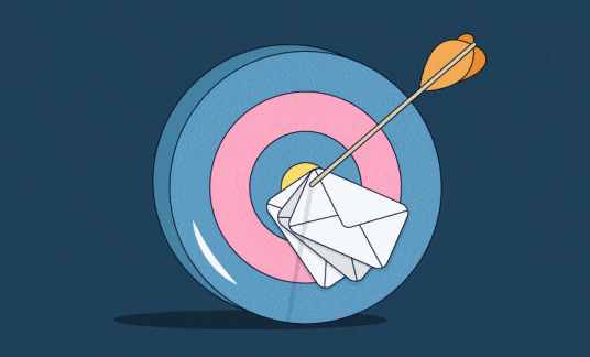 An arrow pierces several email envelopes and a circular archer target with rings.