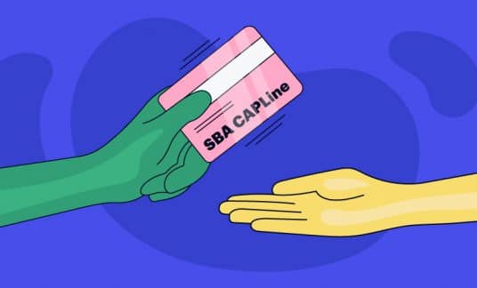 A hand presents a credit card labeled “SBA CAPLine” to another hand.