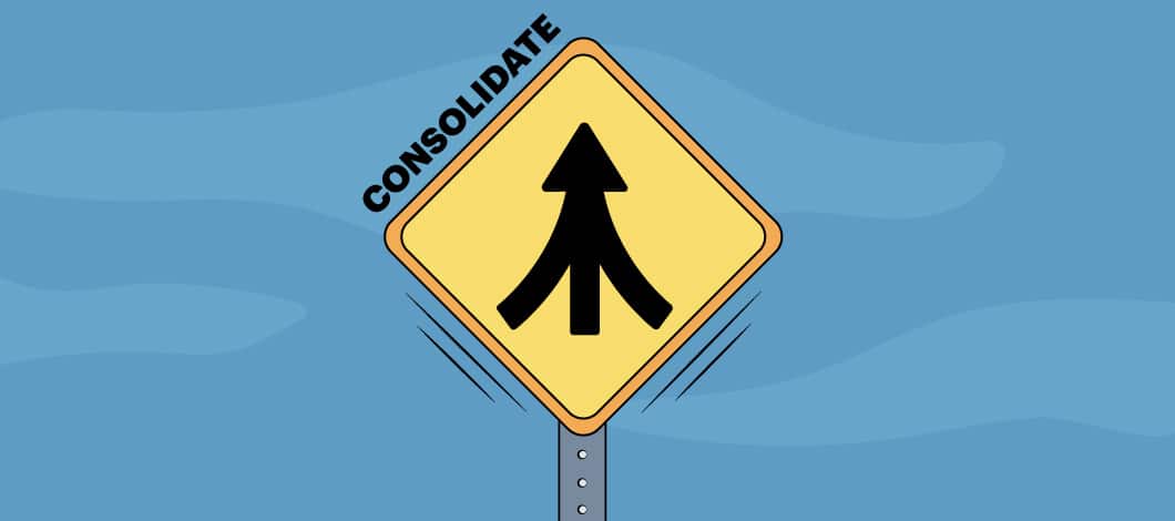 Yellow diamond-shaped street sign with 3-pronged arrow and the word “consolidate” along the side