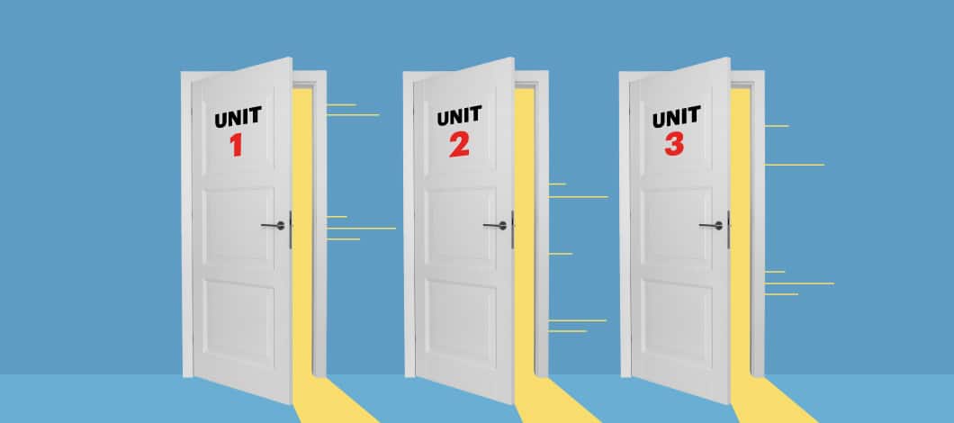 Three white doors, with Unit 1, Unit 2 and Unit 3 written on each, respectively