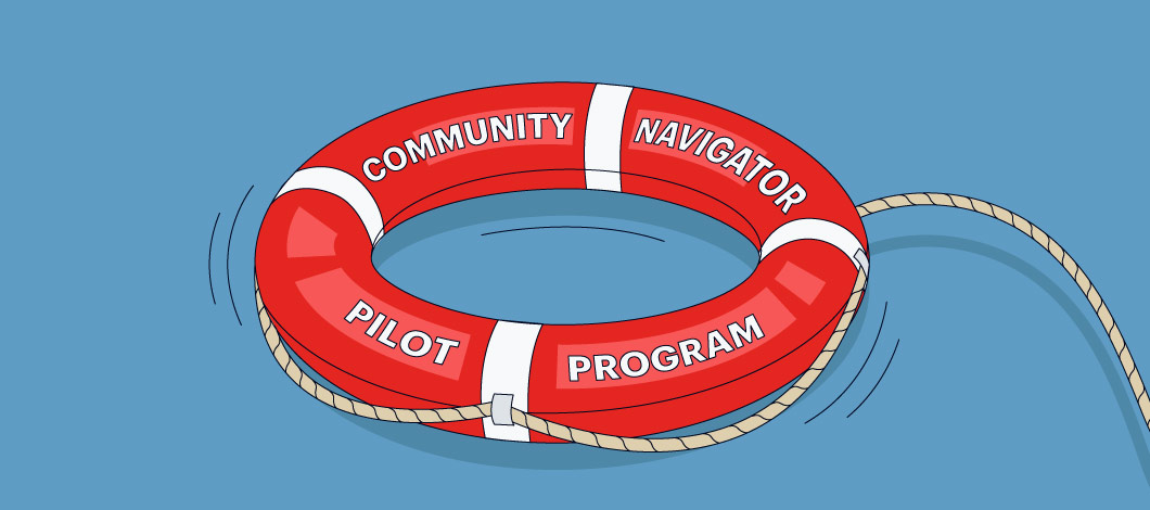 A life preserver ring floating in the water is labeled “Community Navigator Pilot Program.”