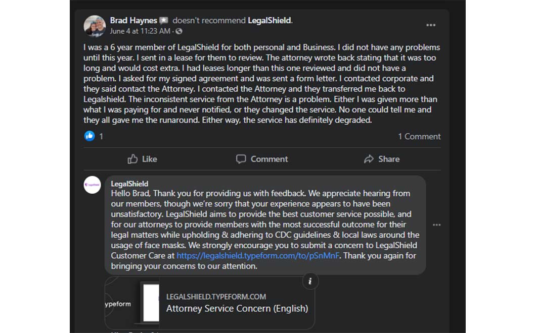Facebook complaint from LegalShield user, along with LegalShield’s response to the complaint