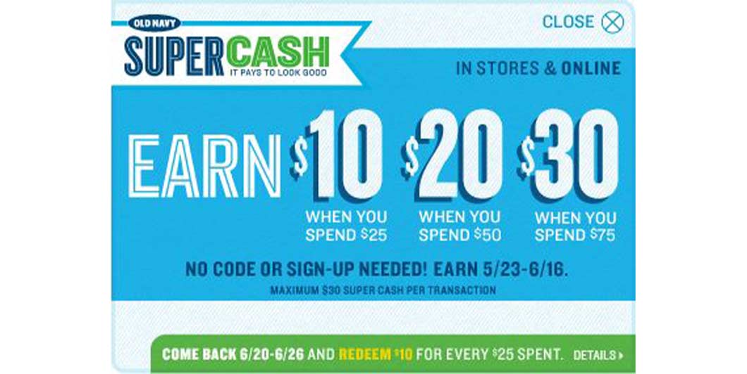 Old Navy offers shoppers "Super Cash." Shoppers earn a percentage of their purchase back as a gift card.