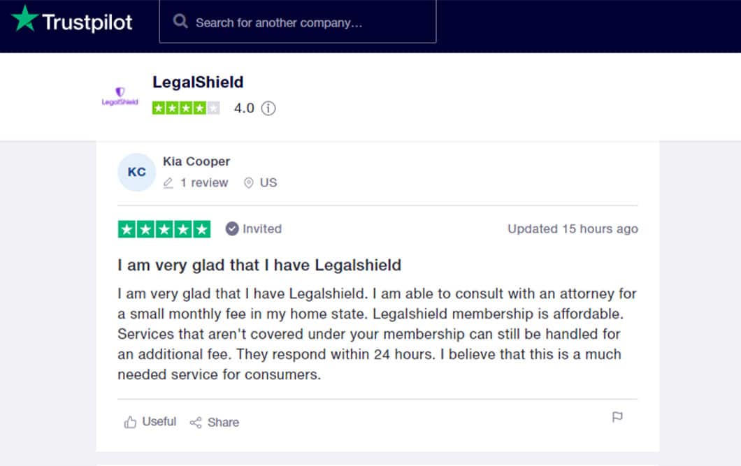 Individual 5-star Trustpilot rating and written review of LegalShield