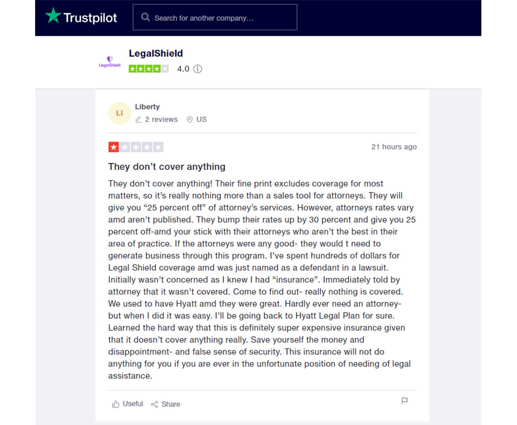 Written complaint of LegalShield submitted on the Trustpilot website with user leaving a 1-star review