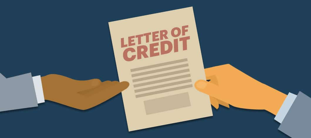 One hand passes a piece of paper labeled “Letter of Credit” to another hand.