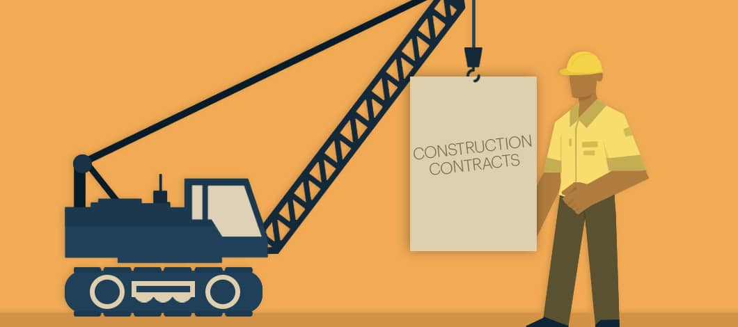 A crane hoists a large document that reads “Construction Contracts” toward a construction worker wearing a hard hat.