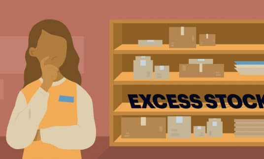 In a storage room, a series of shelves labeled “Excess Stock” are stuffed with boxes and items. A business owner has her hand on her chin, looking concerned.