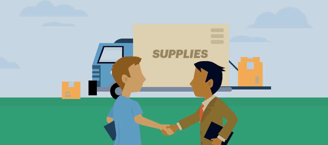 A delivery man shakes hands with a business owner. A cargo truck labeled “Supplies” is in the background.