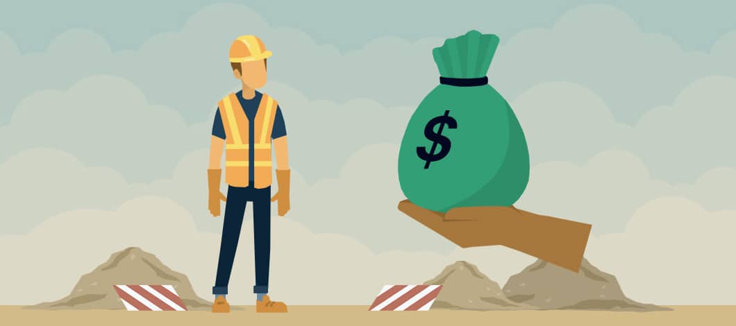 A hand extends a sack of cash marked with a dollar sign to a construction worker at a job site.