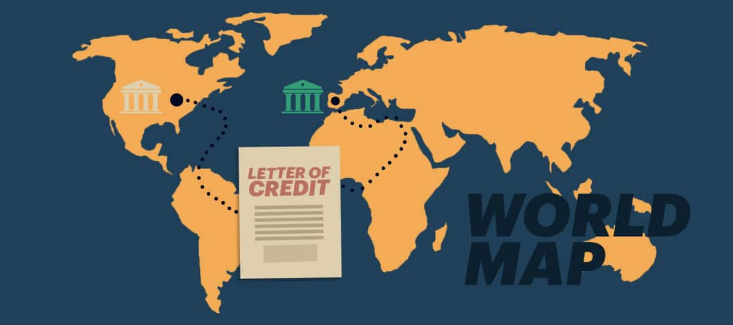 On a map of the world, a paper marked “Letter of Credit” heads from a bank in the U.S. to a bank in Spain.