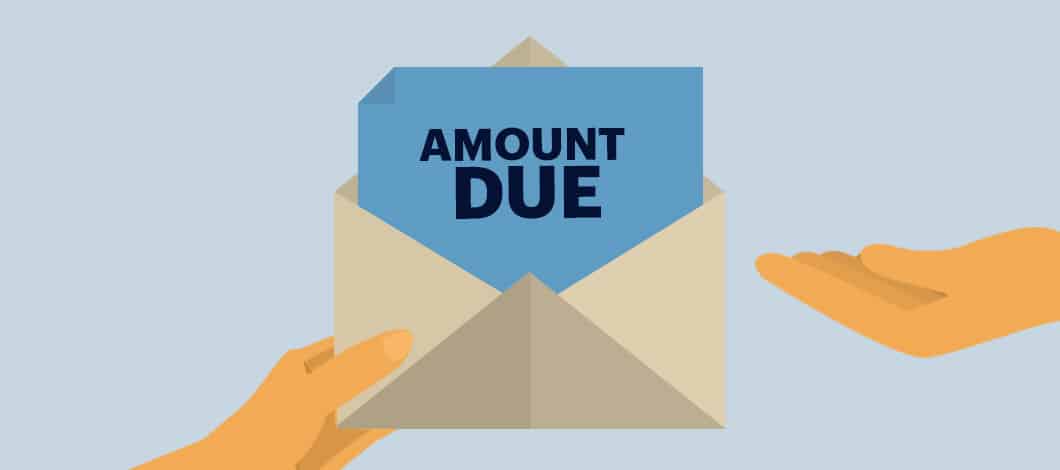 A hand extends a letter that reads “Amount Due” to a person.