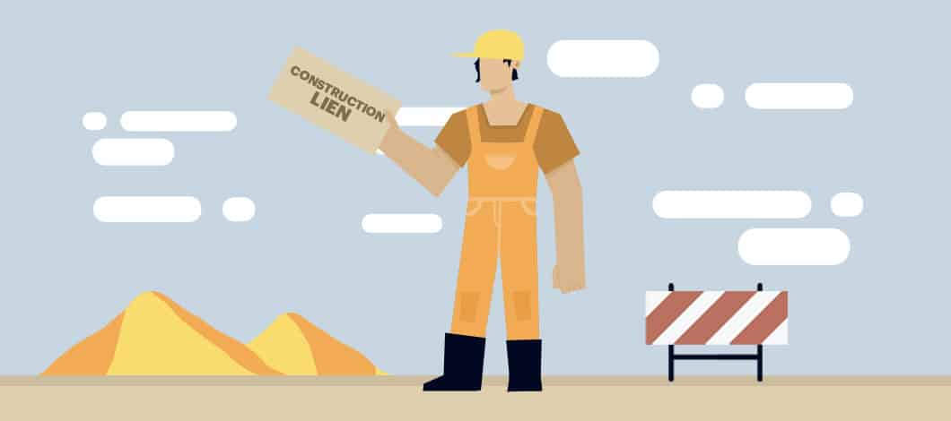 At a construction site, a contractor wearing a hard hat holds out a paper that reads “Construction Lien.”