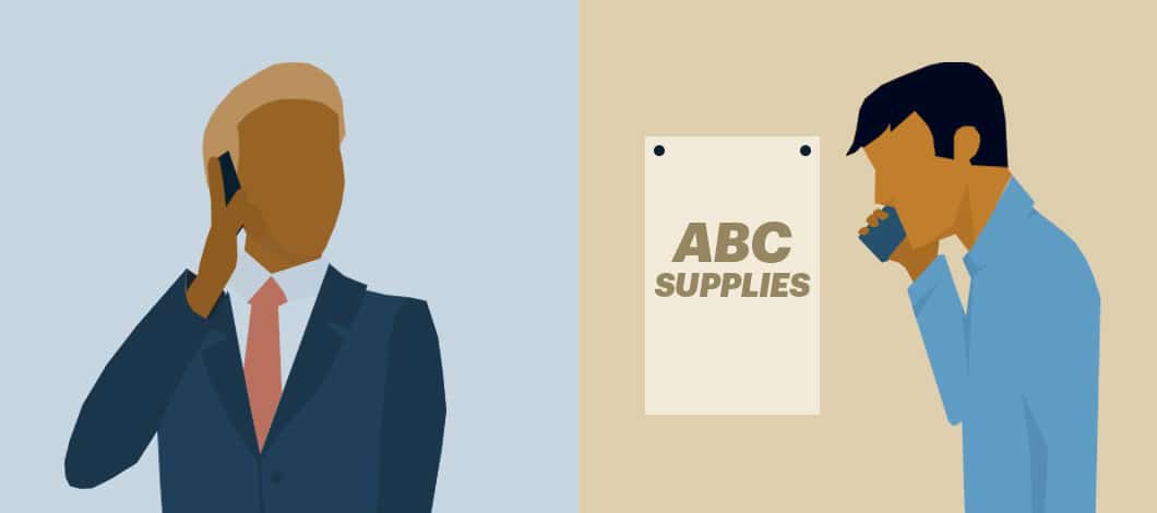 This is a split screen of a business person talking to a supplier over their cellphones. A sign labeled “ABC Supplies” is in the background of the supplier.