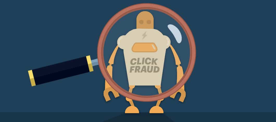 A large magnifying glass exposes a robot (a bot, that is) labeled “Click Fraud.”