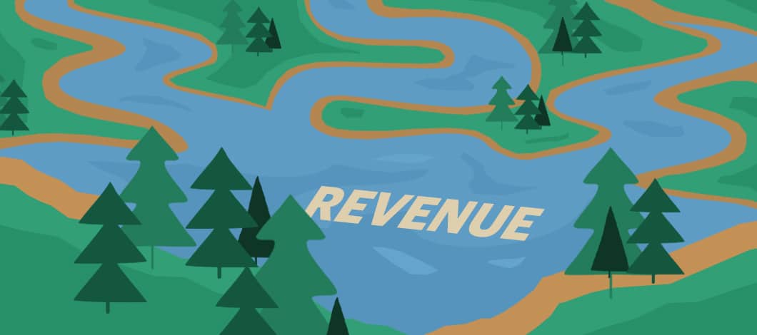 Various streams from various directions feed into a body of water labeled “Revenue.”