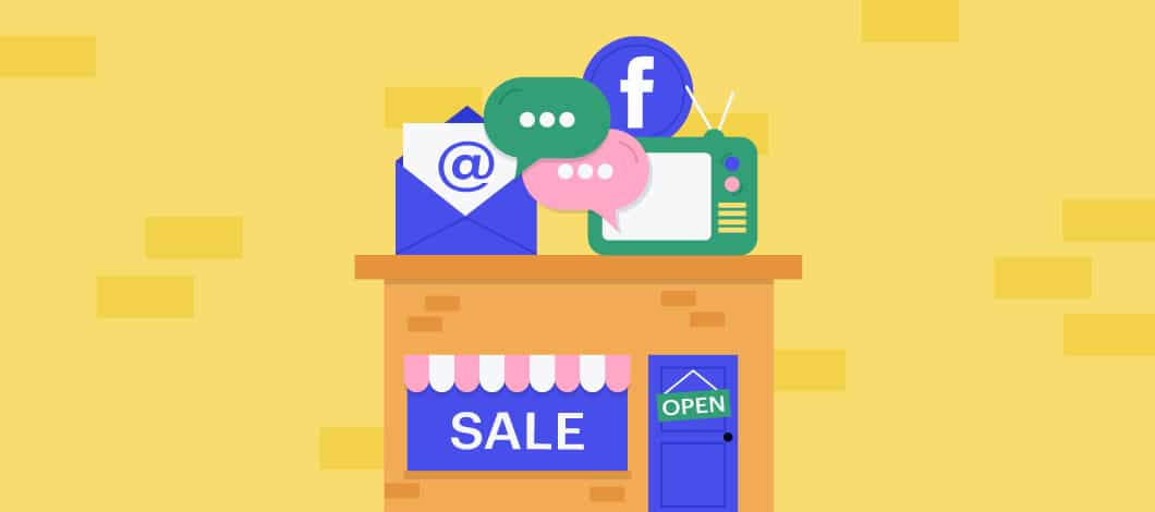 A small shop has a big “Sale” sign in the window. Above the shop are icons for email, television, Facebook and text messaging.