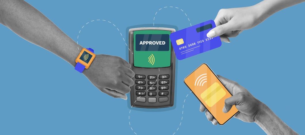 A hand with a smartwatch, a hand holding a credit card and a hand holding a cellphone demonstrate how to make a contactless payment with a payment-processing device.
