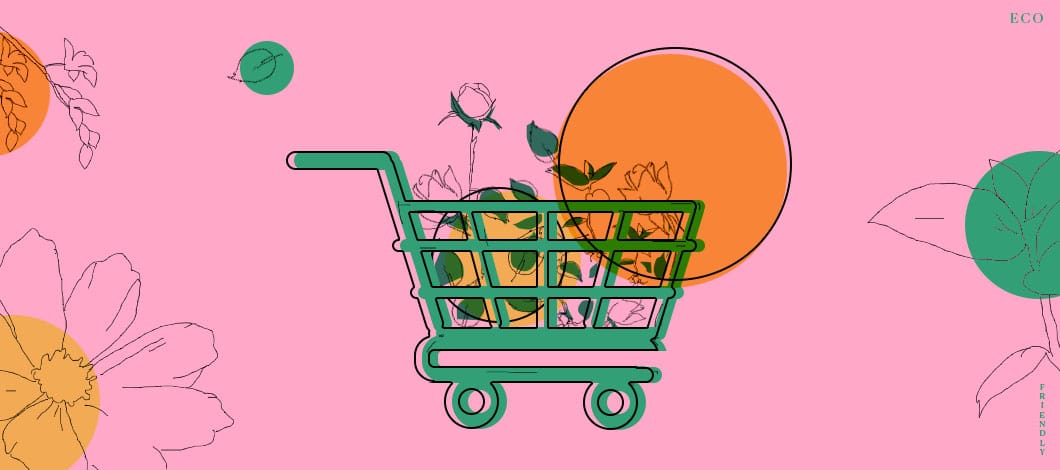 A green shopping cart sprouts flowers and leaves.
